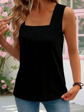 Women's Black Square Neck Sleeveless Tank Top- Full & Plus Sizes